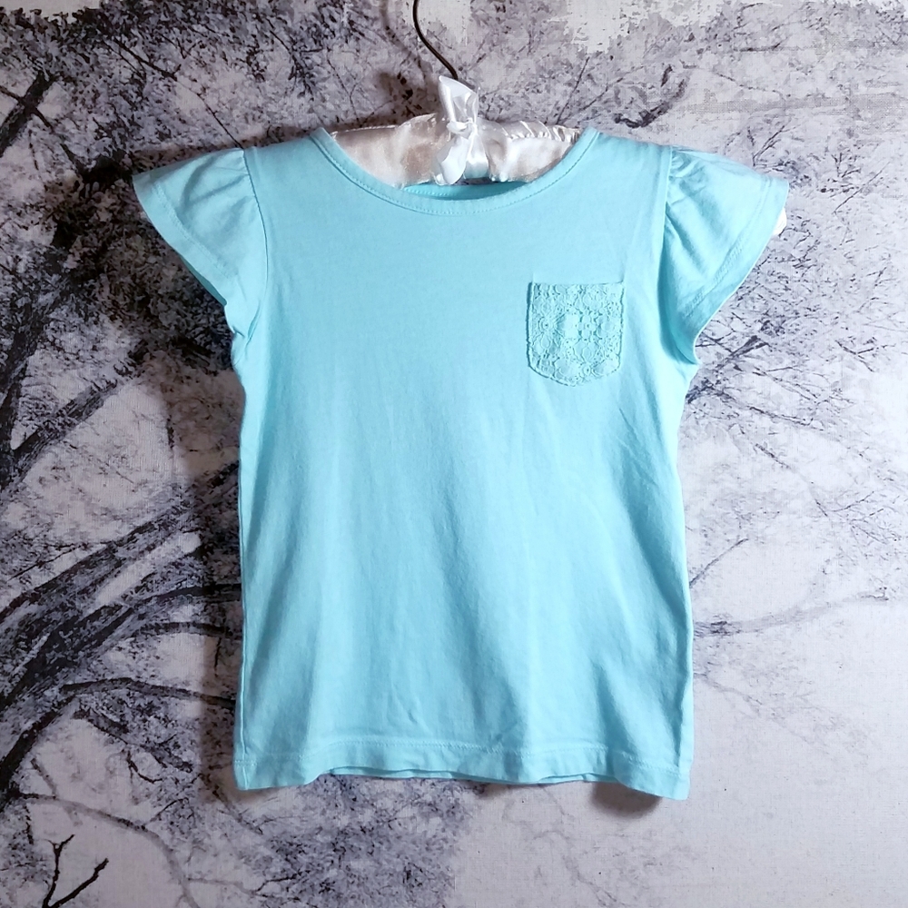 Carter's Teal Puff Shoulder T-shirt w/ Lace Pocket Girls Sz 6 EUC